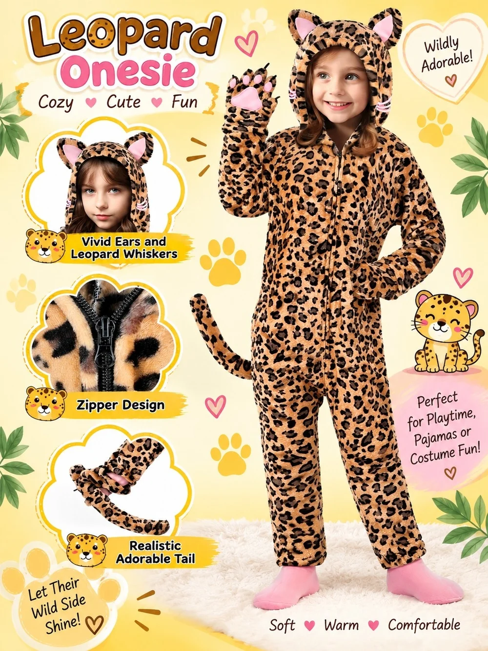 Kids Leopard Print Fleece One-Piece Hooded Pajamas - Brown